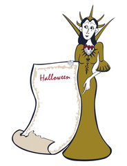 Witch with paper scroll, lettering Halloween, cartoon character, vector illustration isolated on white