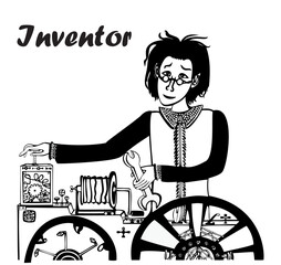 Young scientist researcher testing new invented machine, cartoon character, black and white vector illustration isolated on white