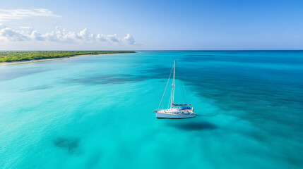 Obraz premium Aerial shot of a sailboat peacefully floating on calm blue ocean waters