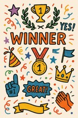Colorful Winner Doodles and Celebration Elements for Fun Design
