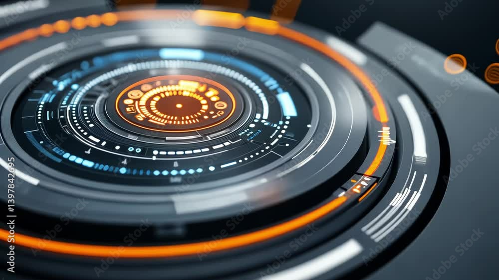 Poster futuristic digital interface design featuring glowing circular elements and vibrant technology, show