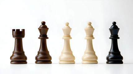 Chess Pieces Arranged Horizontally On White Background