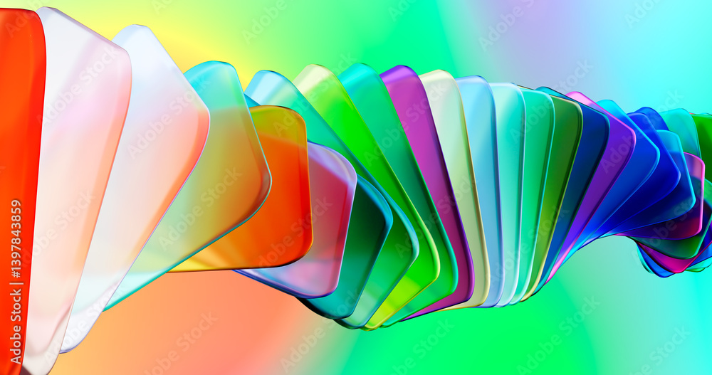 Aufkleber 3d rendering. translucent overlapping shapes arranged in a wave-like pattern with vibrant red, orang