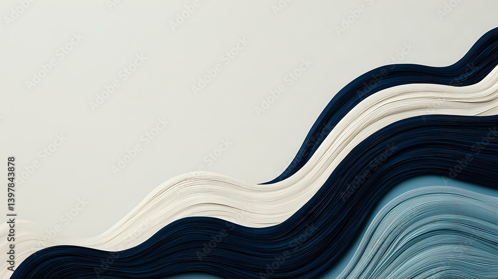 Poster abstract wavy layered pattern in navy blue and white tones creates modern minimalist composition wit