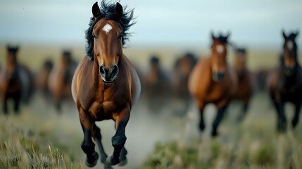 Obraz premium Majestic brown horse galloping with herd across dusty field, leading pack of wild horses in dramatic motion capture, mane flowing in wind, powerful movement.