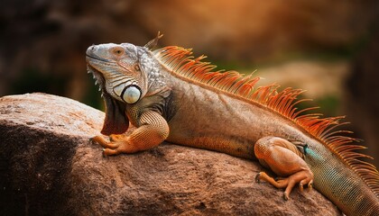 Fototapeta premium Iguana Sunbathing on Stone: A majestic iguana, with vibrant scales and a serene gaze, basks languidly upon a sun-drenched stone, embodying the tranquility of nature's artistry.