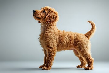 Golden Cockapoo puppy with curly fur standing in profile view against light gray background, alert expression and wagging tail showing playful demeanor.