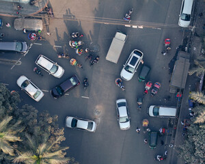 Aerial view of busy urban intersection with traffic, rickshaws, and cars, Dhaka, Dhaka, Bangladesh.