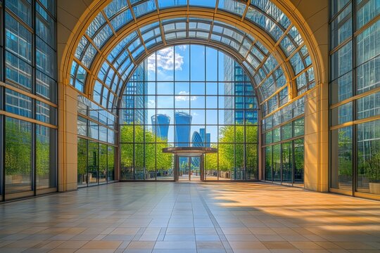 Stunning entrance of canary wharf  glass and steel architecture under a blue sky in london