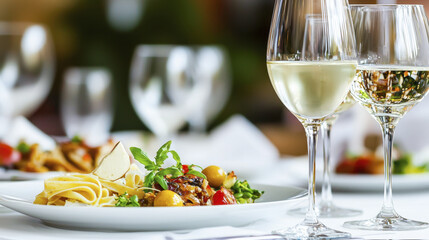 Delicious pasta dish with fresh ingredients and white wine glasses