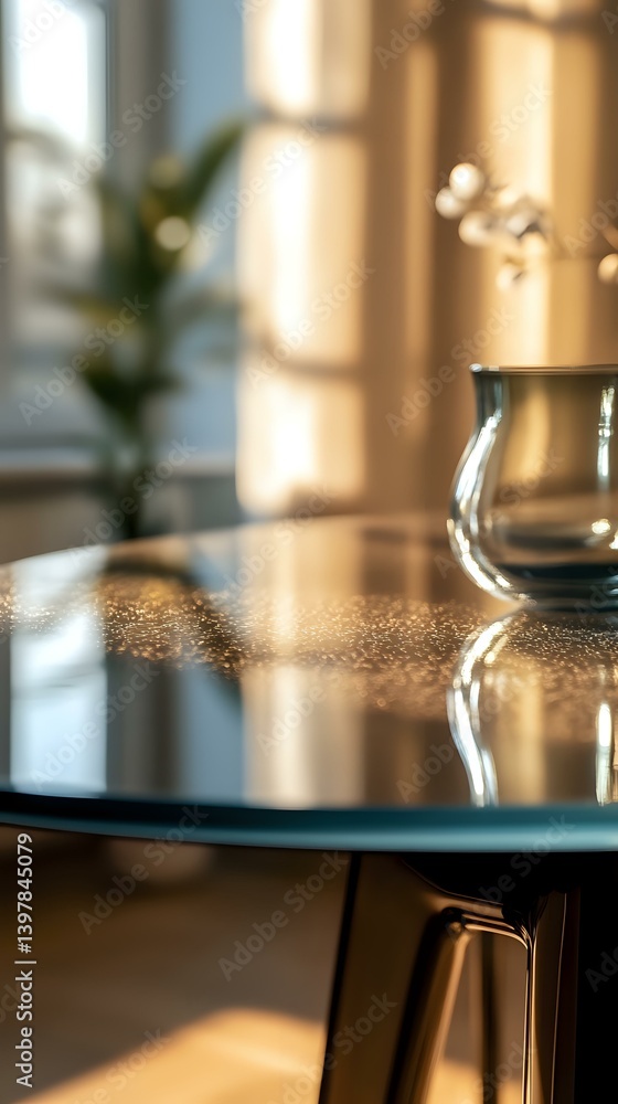 Poster glass vase on modern dining table with sunlight casting window shadows, creating atmospheric morning