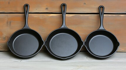 Three black cast iron skillets resting on a wooden surface.