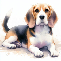 Watercolor fullbody illustration of beagle, isolated on white background, hand-painted animal art