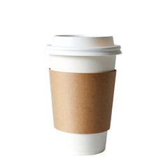 a white disposable coffee cup with a brown cardboard sleeve stacked on top of another identical cup against a plain white background.