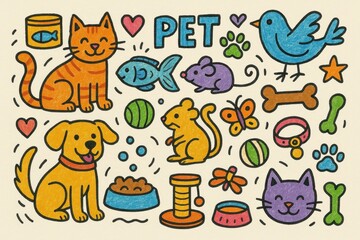 Colorful and Simple Doodles of Pets and Playful Animals