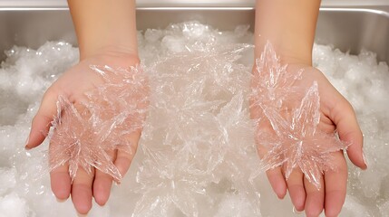 Handful of beautiful, clear crystals in ice.