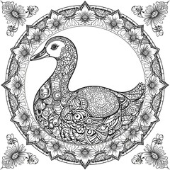 Fototapeta premium Detailed Duck Illustration in Circular Floral Frame Black and White