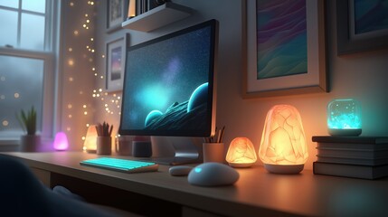 gamer console workplace table with Pc computer screen and accessories in neon light effects,