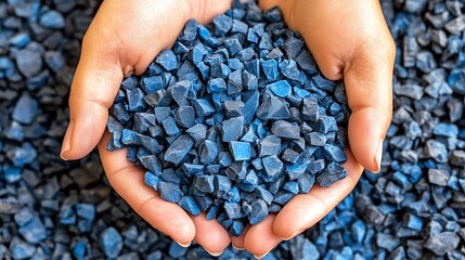 Hands holding a pile of recycled blue plastic chips.