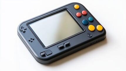 Retro handheld game console with colorful buttons on white background.
