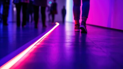 Fototapeta premium Abstract photo of people walking in a hallway with neon lights and vivid colors