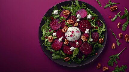 Fresh beet and arugula salad with feta cheese cubes, candied walnuts and pomegranate seeds on dark plate against purple background. Food photography.