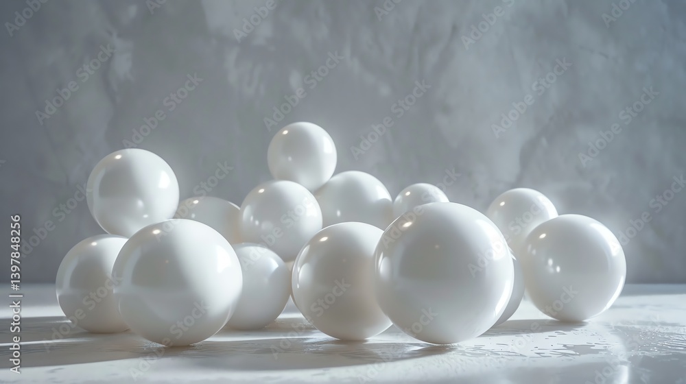 Poster 3d rendering of a pile of white spheres on a wet surface. the spheres are of different sizes and are