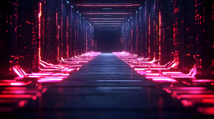 Futuristic Neon Corridor With Pink And Red Lights