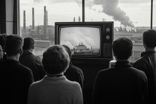 Crowd engrossed in vintage news broadcast featuring gda  sk shipyard and office building footage