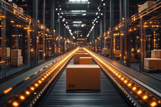 Fototapeta Futuristic high tech logistics concept showcasing conveyor belt system for global e commerce village