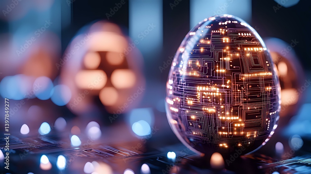 Poster glowing egg-shaped object with circuit pattern illuminated against dark background with bokeh lights
