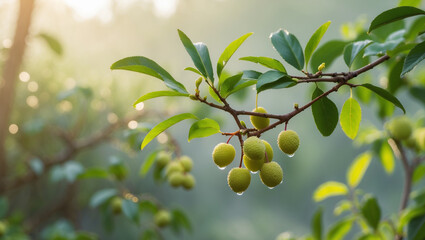 Arbutus Unedo Branch With Fruits And Green Leaves In Early Morning Light