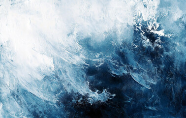 Abstract artwork displaying shades of deep blue and white resembling ocean waves or a wintry landscape.