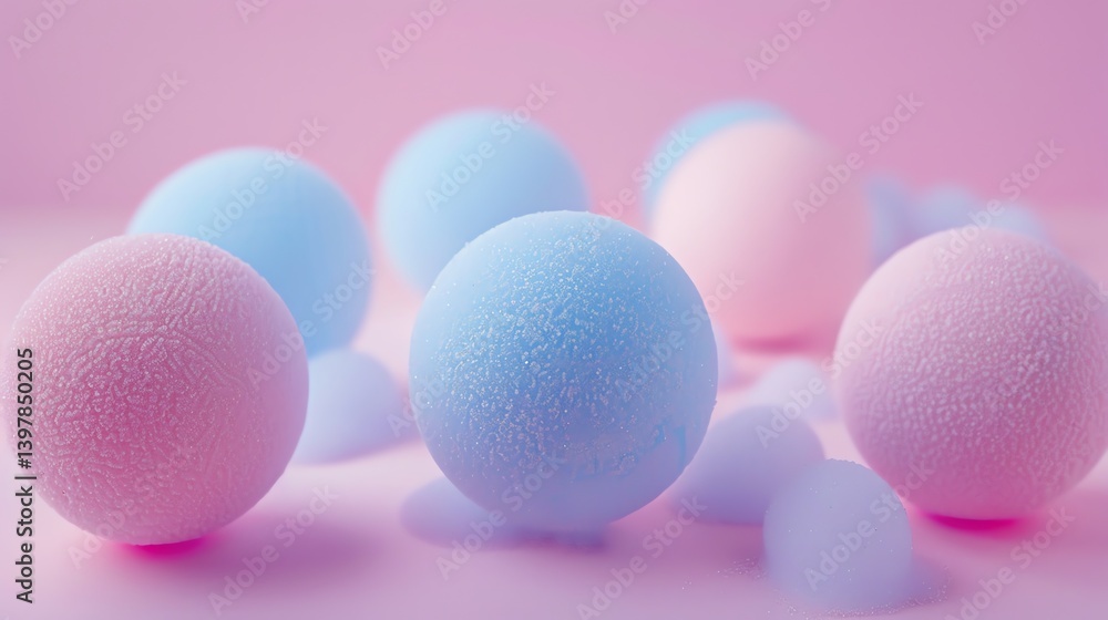 Poster 3d rendering of a group of pastel colored frosted balls on a pink background. the balls are of vario