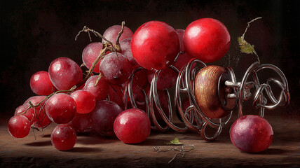 Red Grapes in Spiral Holder on Dark Wooden Surface  