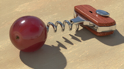 Corkscrew with a Red Apple on a Wooden Surface  