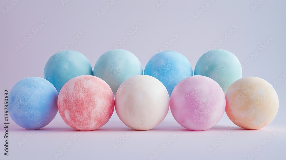 Poster 3d rendering of a row of pastel colored balls with a bumpy surface texture on a matching background.