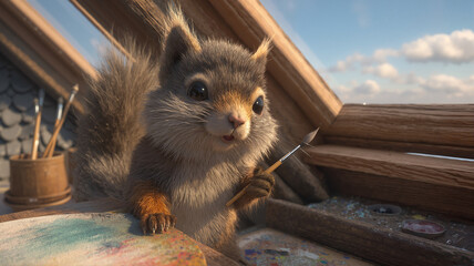 Squirrel painting with a brush in a cozy attic studio  