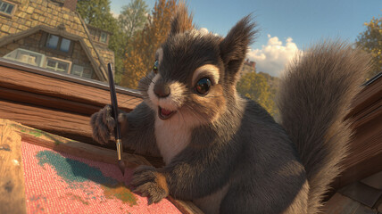 Cute squirrel painting with a brush against a colorful background  
