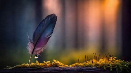 Colorful feather resting on moss in a tranquil forest setting  