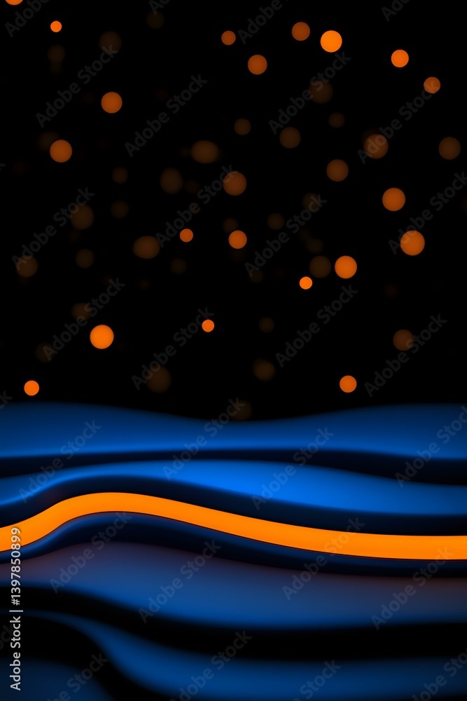 Poster abstract waves of blue and orange light with glowing bokeh particles against dark background create 