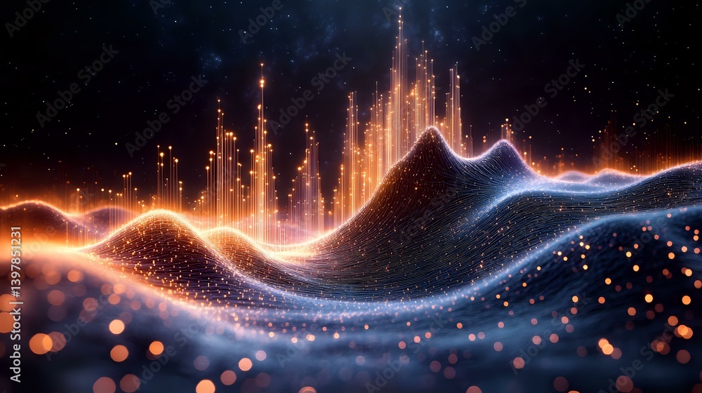 Poster abstract digital wave visualization with glowing orange and blue light streams flowing through dark 