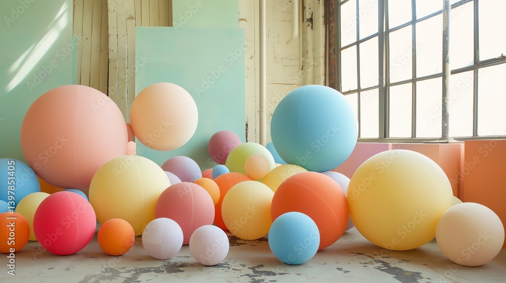 Poster colorful 3d spheres of various sizes appear to float in a large, open room with a window.