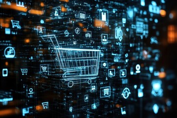 Digital Shopping Cart Icon Overlaid on Technology Background