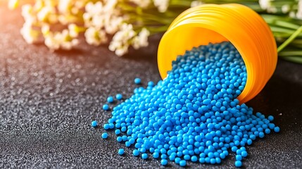 Bright blue fertilizer granules spilled from an orange container.