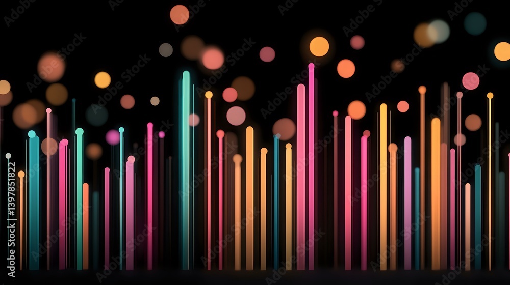 Aufkleber colorful vertical lines in neon pink, turquoise and orange glow against dark background with bokeh e