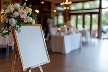 A beautifully arranged floral centerpiece stands prominently at the entrance of a wedding venue, setting the tone for a romantic and elegant celebration.