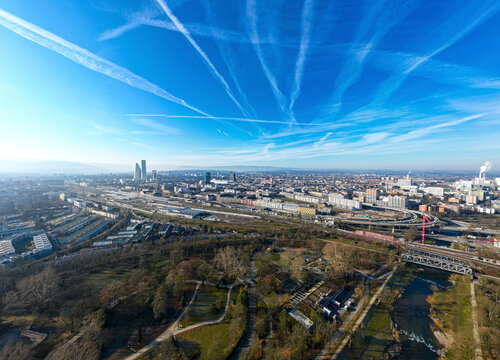 Aerial view of the beautiful basel skyline featuring the modern roche tower, park, and river, Basel, Kanton Basel-Stadt, Switzerland.