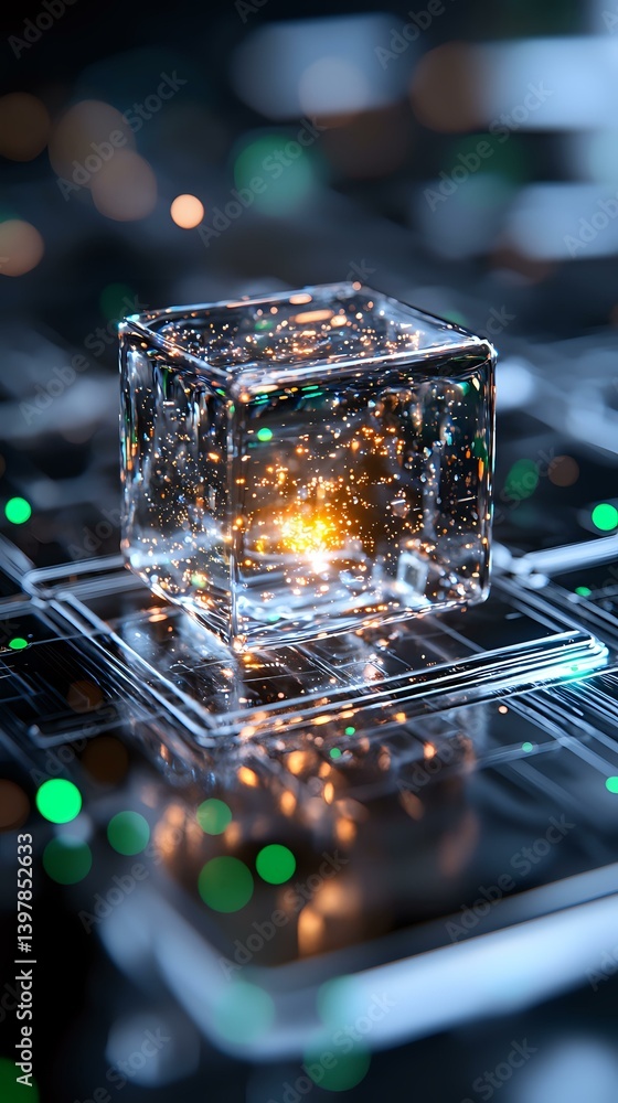 Poster glowing transparent cube with magical sparkles on futuristic circuit board surface, green and orange