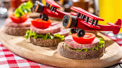 Playful airplane appetizers on a wooden platter with checkered cloth  